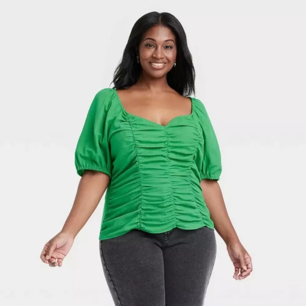Ava & Viv Women's Plus Size Puff Short Sleeve Blouse Kelly Emerald Green XXL